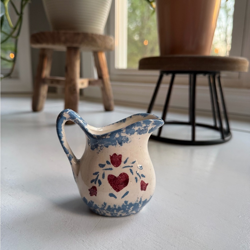 Hand-Painted Cream Ceramic Creamer with Blue Trim and Red Heart Motif
